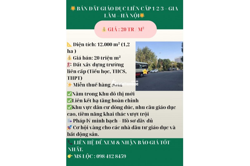  BÁN ĐẤT GIÁO DỤC LIÊN CẤP 1-2-3 – GIA LÂM – HÀ NỘI